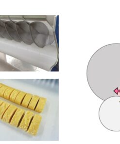 Rotating circular blades cutting food products on YS-9000W