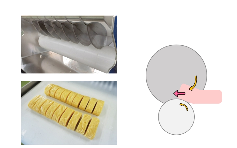 Rotating circular blades cutting food products on YS-9000W